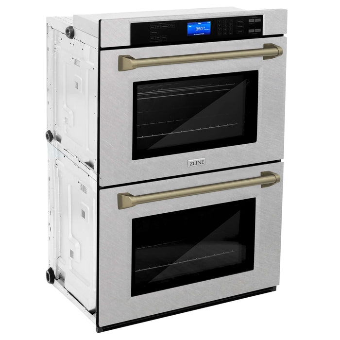 ZLINE Autograph Edition  30 in. Electric Double Wall Oven with Self Clean and True Convection in DuraSnow® Stainless Steel and Champagne Bronze Accents (AWDSZ-30-CB)