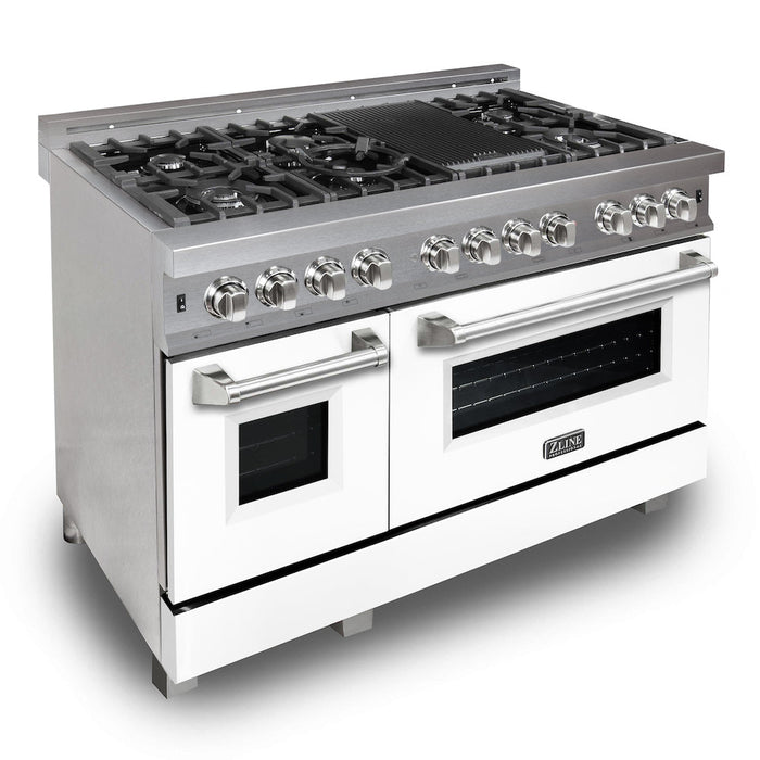 ZLINE 48 in. 6.0 cu. ft. Legacy Dual Fuel Range with 7 Burner Gas Cooktop and 2 Electric Ovens in DuraSnow® Stainless Steel and White Matte Doors (RAS-WM-48)