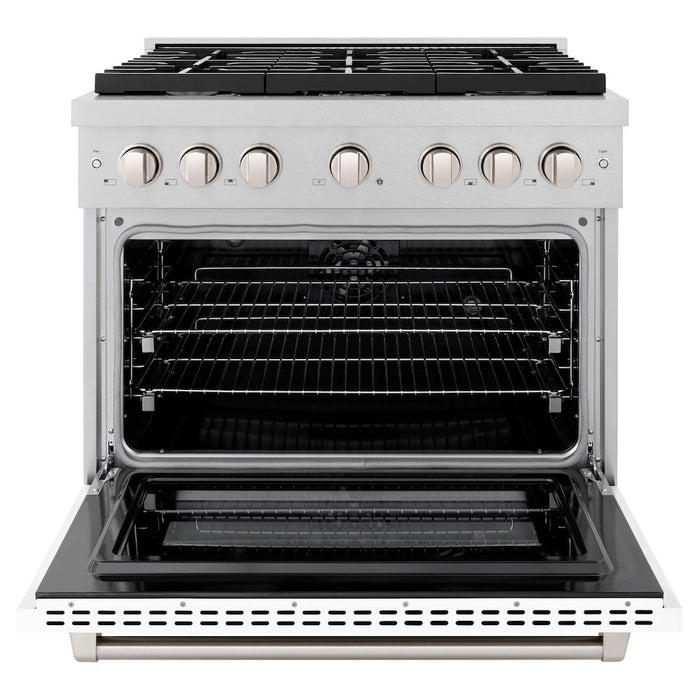 ZLINE 36 in. 5.2 cu. ft. Paramount Dual Fuel Range with 6 Burner Gas Cooktop and Electric Convection Oven in DuraSnow® Stainless Steel with White Matte Door (SDRS-WM-36)