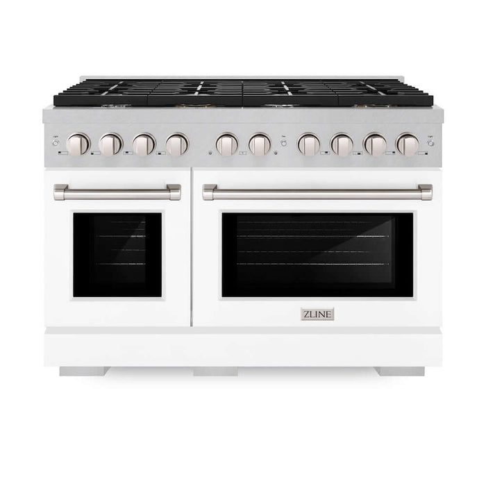 ZLINE 48 in. 6.7 cu. ft. Paramount Double Oven Gas Range with 8 Burner Cooktop in DuraSnow® Stainless Steel with White Matte Doors (SGRS-WM-48)