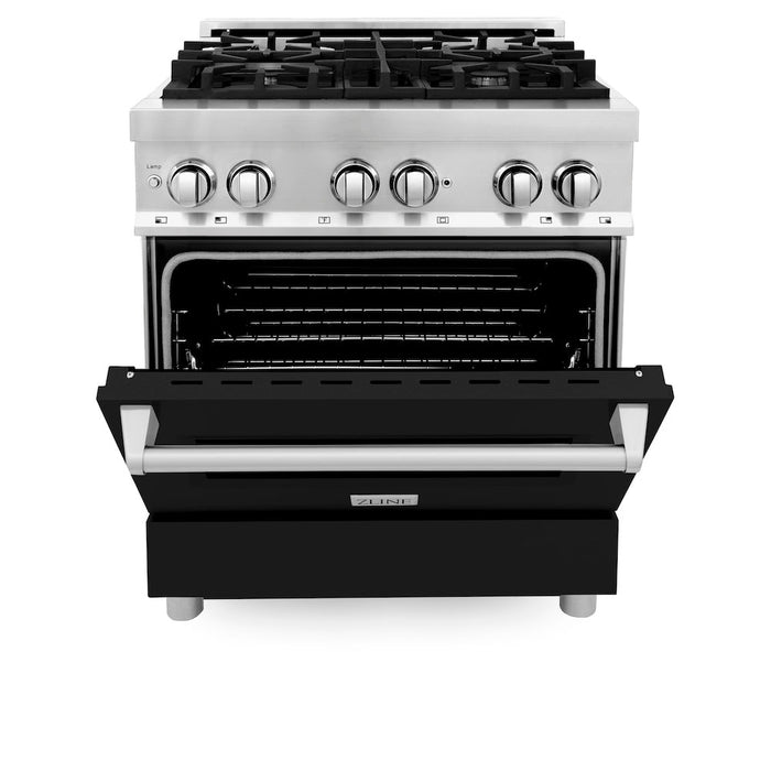 ZLINE 30 in. Kitchen Package with Stainless Steel Dual Fuel Range with Black Matte Door and Convertible Vent Range Hood (2KP-RABLMRH30)