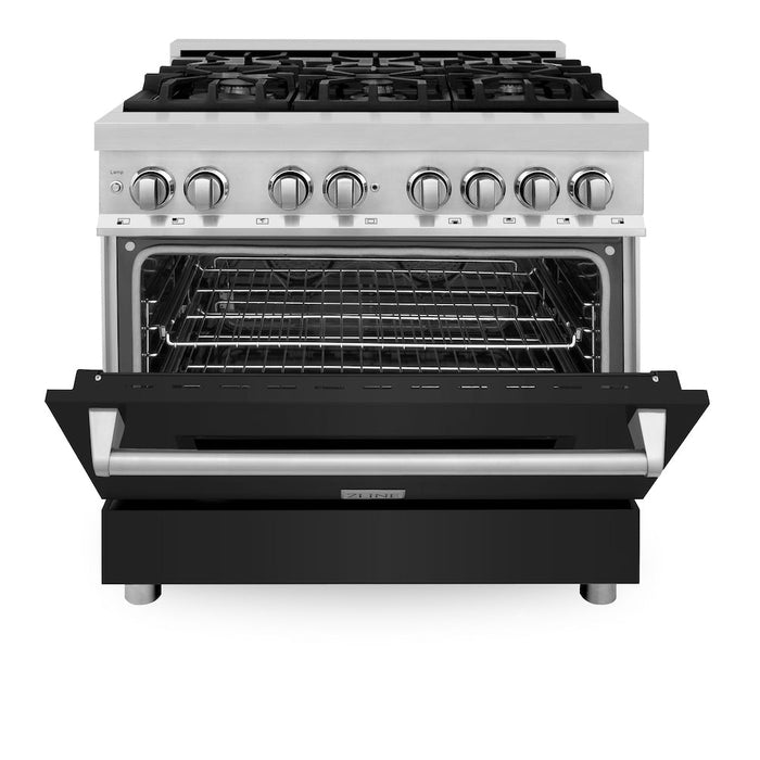 ZLINE 36 in. Dual Fuel Range with Gas Stove and Electric Oven in Stainless Steel with Black Matte Door (RA-BLM-36)