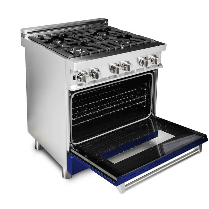 ZLINE 30 in. 4.0 cu. ft. Dual Fuel Range with Gas Stove and Electric Oven in Stainless Steel with Blue Gloss Door (RA-BG-30)