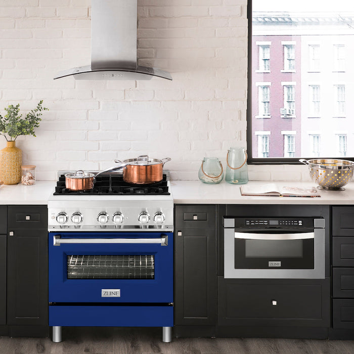 ZLINE 30 in. 4.0 cu. ft. Dual Fuel Range with Gas Stove and Electric Oven in Stainless Steel with Blue Matte Door (RA-BM-30)