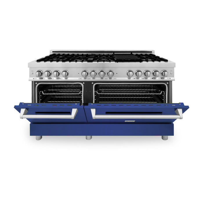 ZLINE 60 in. 7.4 cu. ft. Dual Fuel Range with Gas Stove and Electric Oven in Stainless Steel with Blue Matte Doors (RA-BM-60)