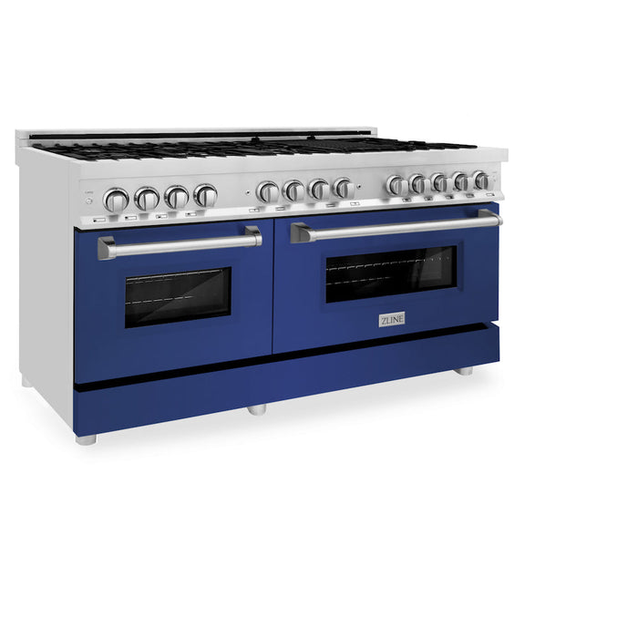 ZLINE 60 in. 7.4 cu. ft. Dual Fuel Range with Gas Stove and Electric Oven in Stainless Steel with Blue Matte Doors (RA-BM-60)