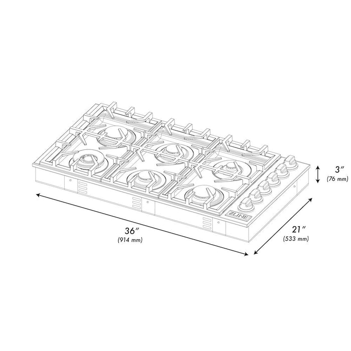 ZLINE 36 in. Gas Cooktop with 6 Gas Burners and Black Porcelain Top (RC36-PBT)