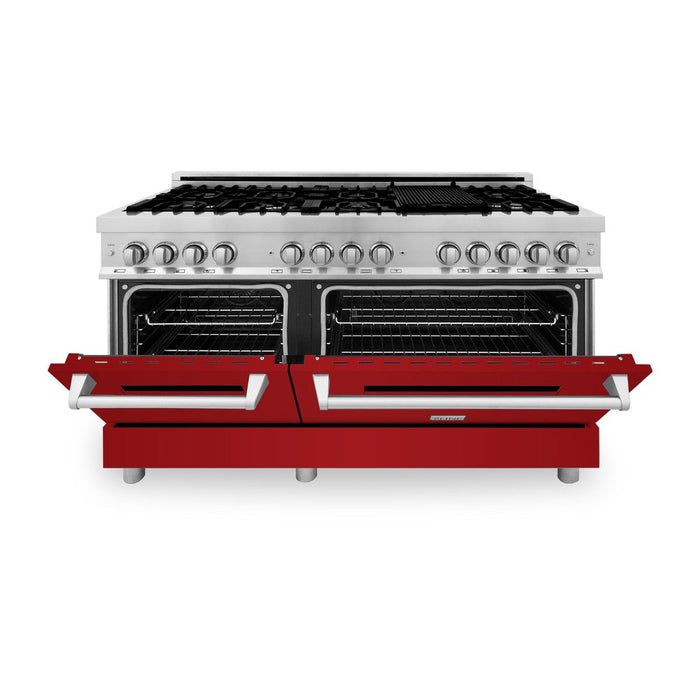 ZLINE 60 in. 7.4 cu. ft. Dual Fuel Range with Gas Stove and Electric Oven in Stainless Steel with Red Gloss Doors (RA-RG-60)