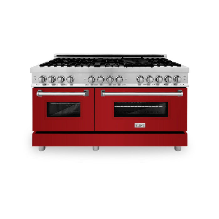 ZLINE 60 in. 7.4 cu. ft. Dual Fuel Range with Gas Stove and Electric Oven in Stainless Steel with Red Gloss Doors (RA-RG-60)