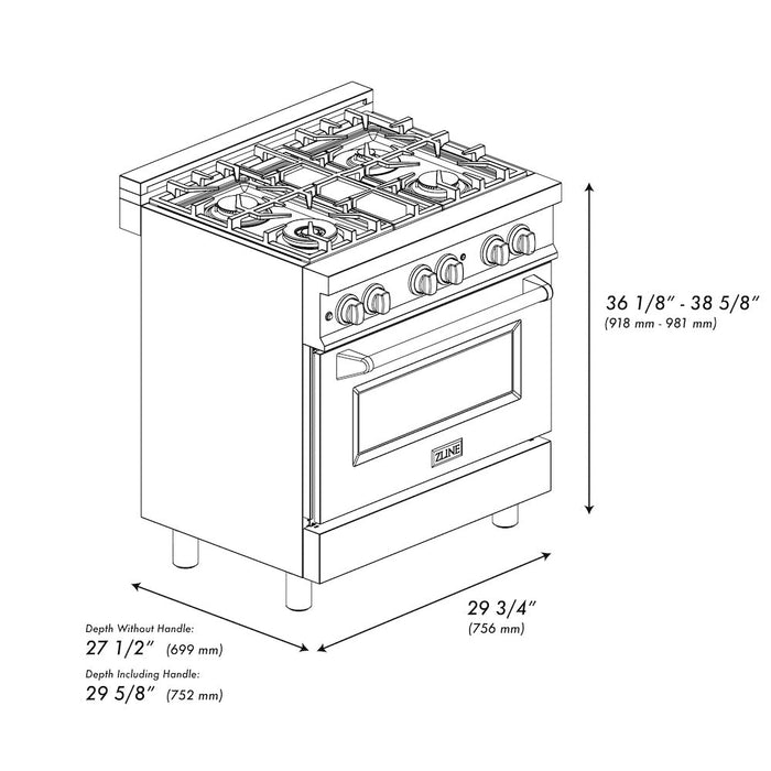 ZLINE 30 in. Kitchen Package with Stainless Steel Dual Fuel Range and Convertible Vent Range Hood (2KP-RARH30)