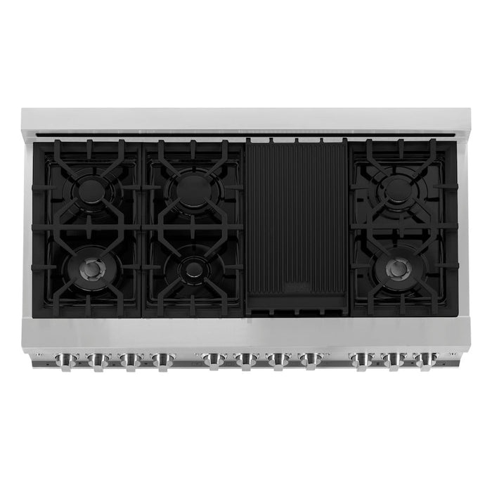 ZLINE Kitchen Package with Refrigeration, 48 in. Stainless Steel Dual Fuel Range, 48 in. Range Hood, Microwave Drawer, 24 in. Tall Tub Dishwasher and Beverage Fridge (6KPR-RARH48-MWDWV-RBV)