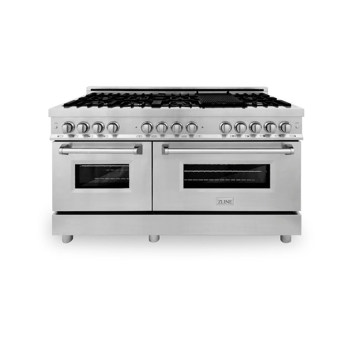 ZLINE Kitchen Package with Refrigeration, 60 in. Stainless Steel Dual Fuel Range, 60 in. Range Hood, Microwave Drawer, and 24 in. Tall Tub Dishwasher (5KPR-RARH60-MWDWV)