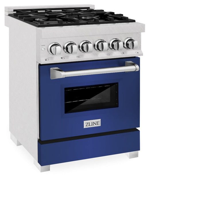 ZLINE 24 in. 2.8 cu. ft. Legacy Dual Fuel Range with 4 Burner Gas Cooktop and Electric Convection Oven in DuraSnow® Stainless Steel and Blue Matte Door (RAS-BM-24)