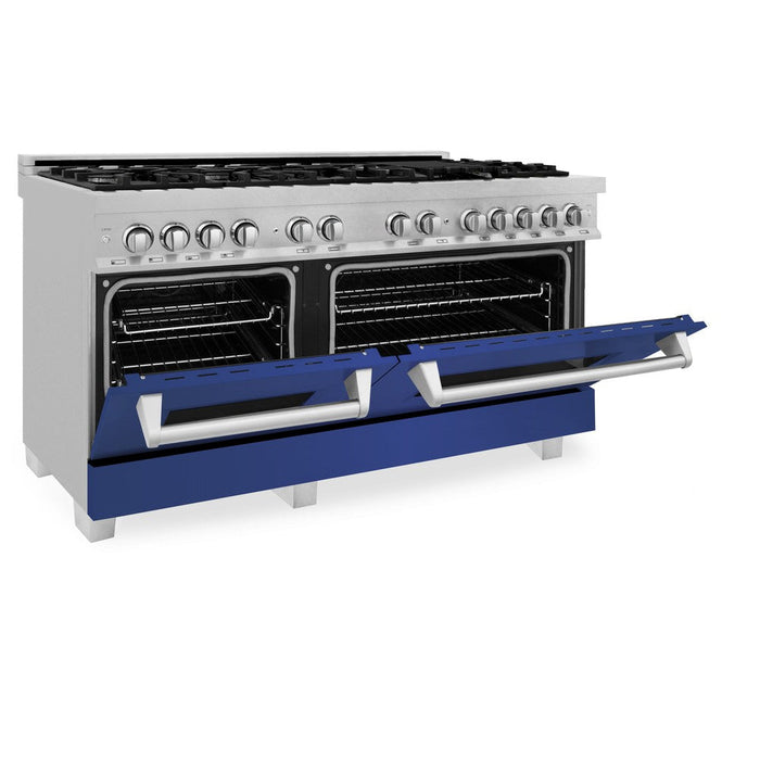 ZLINE 60 in. 7.4 cu. ft. Dual Fuel Range with Gas Stove and Electric Oven in Fingerprint Resistant Stainless Steel with Blue Matte Doors (RAS-BM-60)