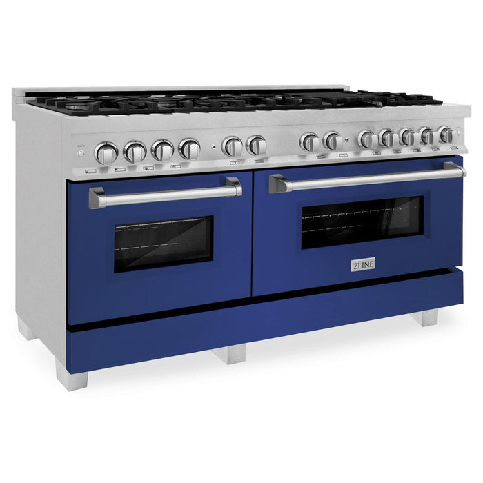 ZLINE 60 in. 7.4 cu. ft. Dual Fuel Range with Gas Stove and Electric Oven in Fingerprint Resistant Stainless Steel with Blue Matte Doors (RAS-BM-60) 