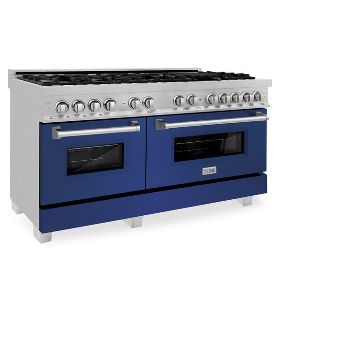 ZLINE 60 in. 7.4 cu. ft. Dual Fuel Range with Gas Stove and Electric Oven in Fingerprint Resistant Stainless Steel with Blue Matte Doors (RAS-BM-60)