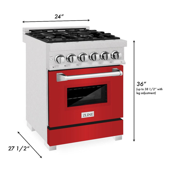 ZLINE 24 in. 2.8 cu. ft. Legacy Dual Fuel Range with 4 Burner Gas Cooktop and Electric Convection Oven in DuraSnow® Stainless Steel and Red Matte Door (RAS-RM-24)