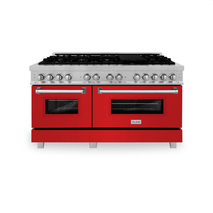 ZLINE 60 in. 7.4 cu. ft. Dual Fuel Range with Gas Stove and Electric Oven in Fingerprint Resistant Stainless Steel and Red Matte Doors (RAS-RM-60)