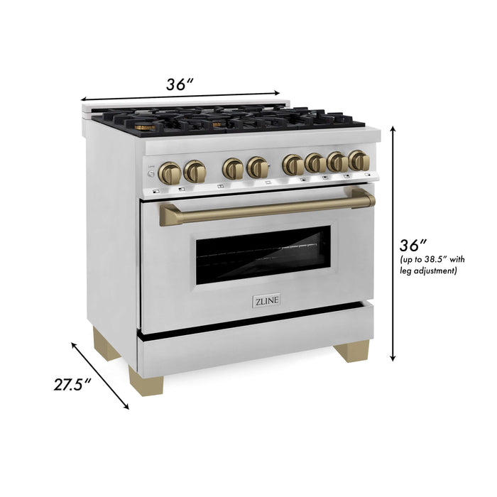 ZLINE Autograph Edition 36 in. Kitchen Package with Stainless Steel Dual Fuel Range, Range Hood, Dishwasher and Refrigeration Including External Water Dispenser with Champagne Bronze Accents (4AKPR-RARHDWM36-CB)