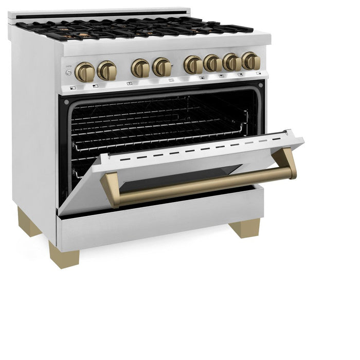 ZLINE Autograph Edition 36 in. Kitchen Package with Stainless Steel Dual Fuel Range, Range Hood, Dishwasher and Refrigeration with Champagne Bronze Accents (4KAPR-RARHDWM36-CB)