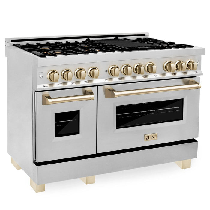 ZLINE Autograph Edition 48 in. Kitchen Package with Stainless Steel Dual Fuel Range, Range Hood, Dishwasher, and French Door Refrigerator with External Water Dispenser with Polished Gold Accents (4AKPR-RARHDWM48-G)