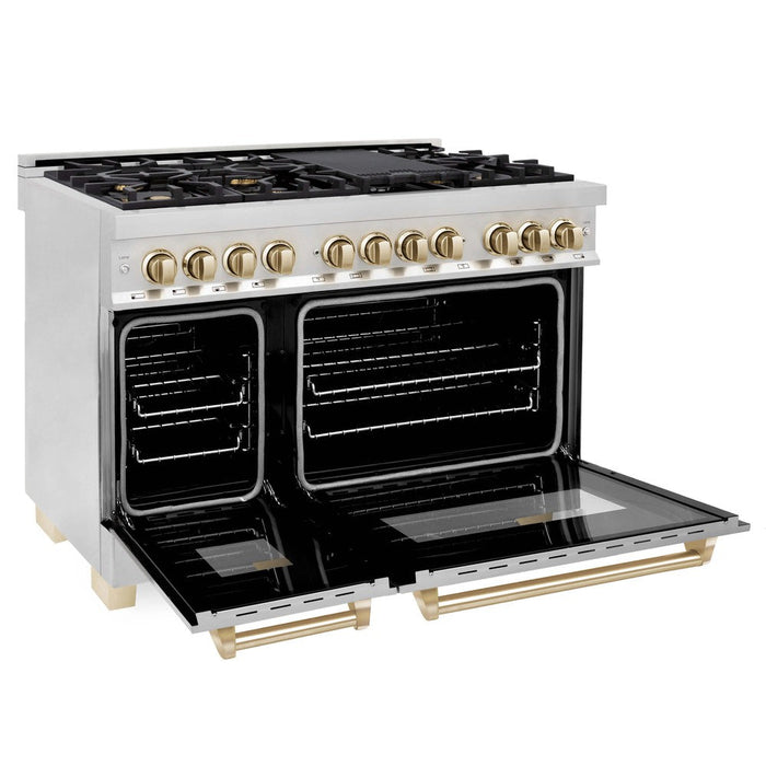 ZLINE  Autograph Edition 48 in. Kitchen Package with Stainless Steel Dual Fuel Range, Range Hood, Dishwasher and Refrigerator with Polished Gold Accents (4KAPR-RARHDWM48-G)