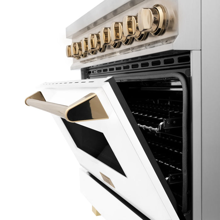 ZLINE Autograph Edition 36 in. Kitchen Package with Stainless Steel Dual Fuel Range with White Matte Door and Range Hood with Polished Gold Accents (2AKP-RAWMRH36-G)