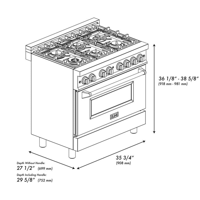 ZLINE 36 in. 4.6 cu. ft. Legacy Dual Fuel Range with 6 Burner Gas Cooktop and Electric Convection Oven in Stainless Steel with DuraSnow® Door (RA-SN-36)