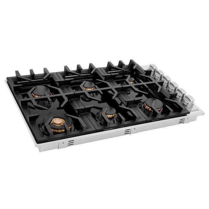 ZLINE 36 in. Gas Cooktop with 6 Gas Brass Burners and Black Porcelain Top (RC-BR-36-PBT)