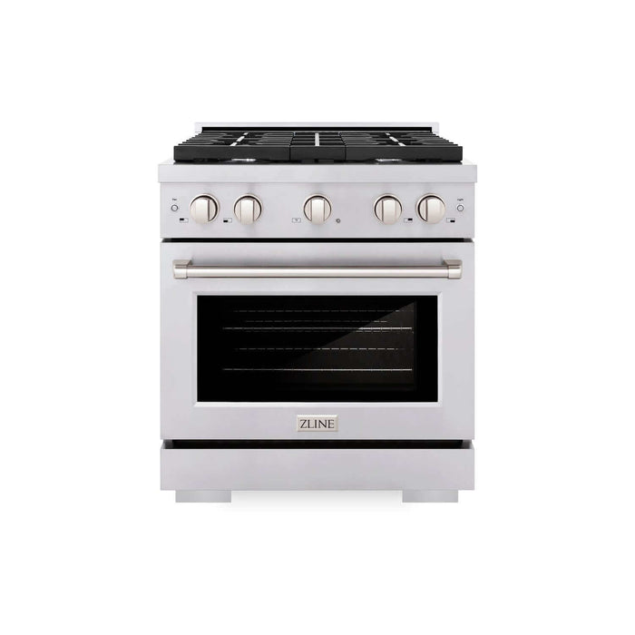 ZLINE Kitchen Package with Refrigeration, 30 in.  Stainless Steel Gas Range, 30 in.  Traditional Over The Range Microwave and 24 in.  Tall Tub Dishwasher (4KPR-SGROTRH30-DWV)