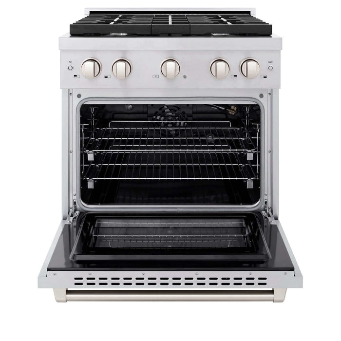 ZLINE 30 in. Kitchen Package with Stainless Steel Gas Range, Range Hood, Microwave Drawer and Tall Tub Dishwasher