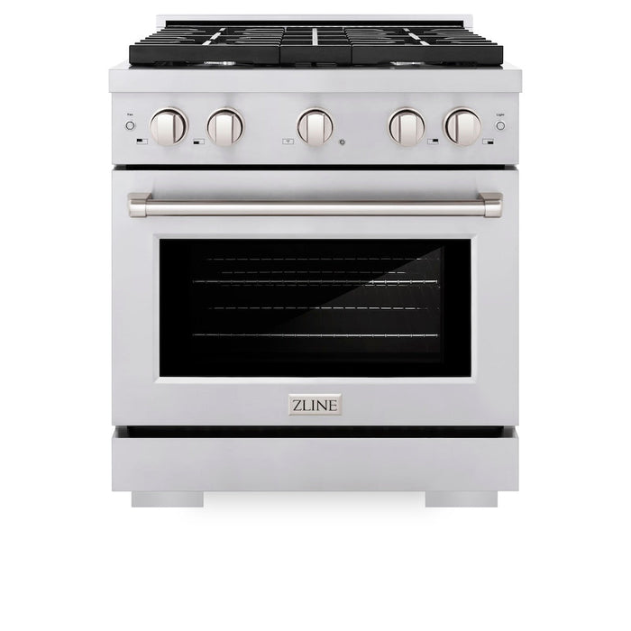 ZLINE 30 in. Kitchen Package Stainless Steel Gas Range and Over The Range Microwave with Modern Handle