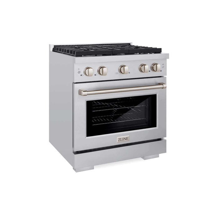 ZLINE Kitchen Package with Refrigeration, 30 in.  Stainless Steel Gas Range, 30 in.  Traditional Over The Range Microwave and 24 in.  Tall Tub Dishwasher (4KPR-SGROTRH30-DWV)