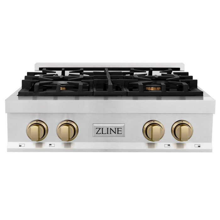 ZLINE Autograph Edition 30 in. Porcelain Rangetop with 4 Gas Burners in DuraSnow® Stainless Steel with Champagne Bronze Accents (RTSZ-30-CB)