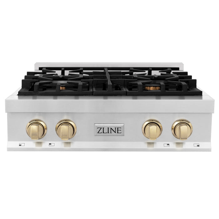 ZLINE Autograph Edition 30 in. Porcelain Rangetop with 4 Gas Burners in Stainless Steel and Polished Gold Accents (RTZ-30-G)