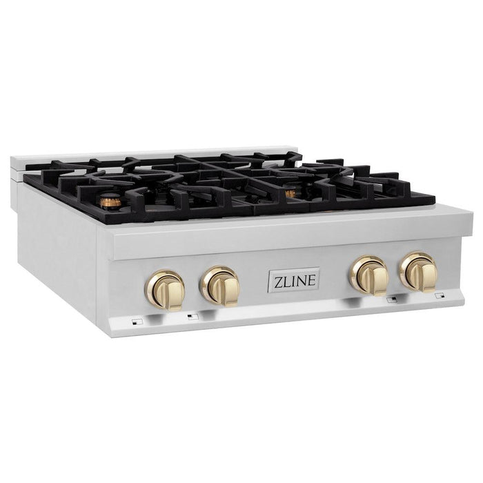 ZLINE Autograph Edition 30 in. Porcelain Rangetop with 4 Gas Burners in Stainless Steel and Polished Gold Accents (RTZ-30-G)