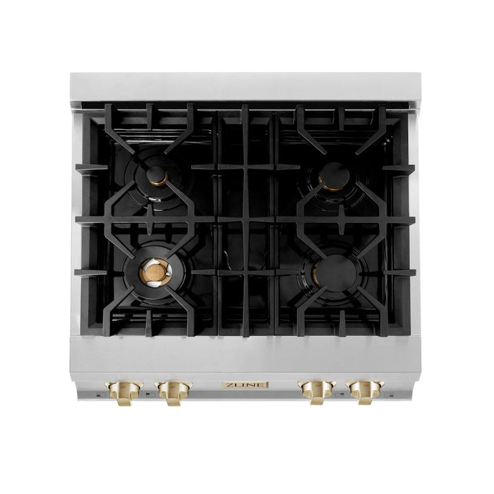 ZLINE Autograph Edition 30 in. Porcelain Rangetop with 4 Gas Burners in Stainless Steel and Polished Gold Accents (RTZ-30-G)