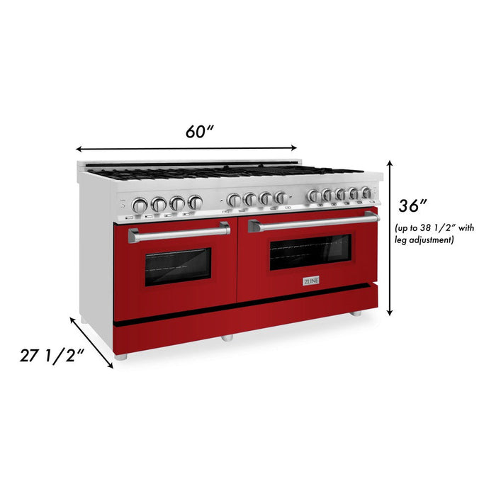 ZLINE 60 in. 7.4 cu. ft. Dual Fuel Range with Gas Stove and Electric Oven in Stainless Steel with Red Gloss Doors (RA-RG-60)