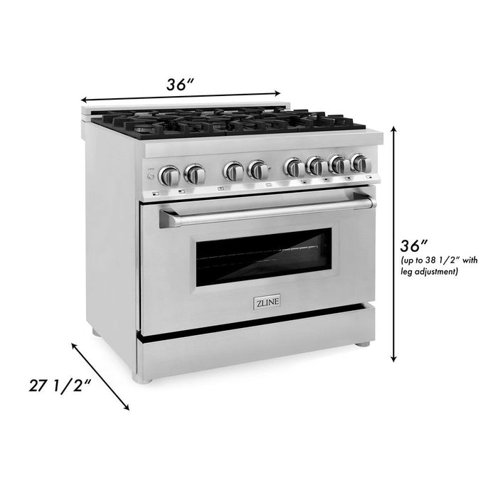 ZLINE 36 in. Kitchen Package with Stainless Steel Dual Fuel Range, Range Hood, Microwave Drawer and Tall Tub Dishwasher (4KP-RARH36-MWDWV)