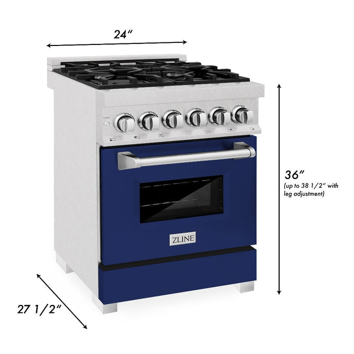 ZLINE 24 in. 2.8 cu. ft. Legacy Dual Fuel Range with 4 Burner Gas Cooktop and Electric Convection Oven in DuraSnow® Stainless Steel and Blue Gloss Door (RAS-BG-24)