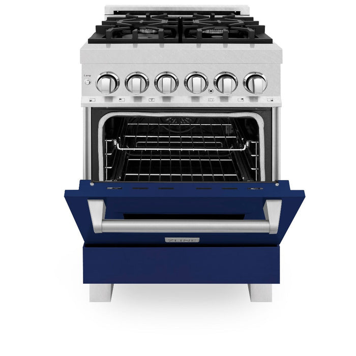 ZLINE 24 in. 2.8 cu. ft. Legacy Dual Fuel Range with 4 Burner Gas Cooktop and Electric Convection Oven in DuraSnow® Stainless Steel and Blue Gloss Door (RAS-BG-24)