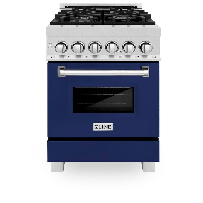 ZLINE 24 in. 2.8 cu. ft. Legacy Dual Fuel Range with 4 Burner Gas Cooktop and Electric Convection Oven in DuraSnow® Stainless Steel and Blue Gloss Door (RAS-BG-24)