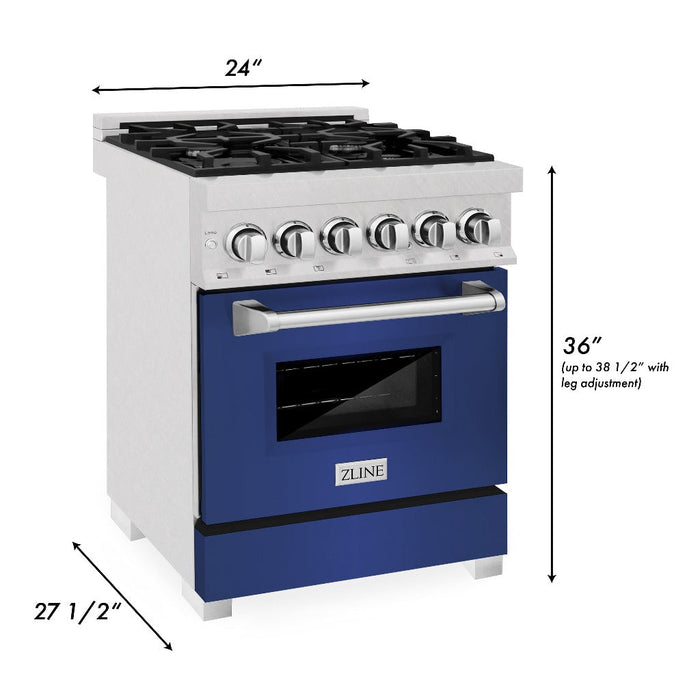 ZLINE 24 in. 2.8 cu. ft. Legacy Dual Fuel Range with 4 Burner Gas Cooktop and Electric Convection Oven in DuraSnow® Stainless Steel and Blue Matte Door (RAS-BM-24)