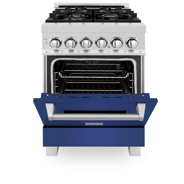 ZLINE 24 in. 2.8 cu. ft. Legacy Dual Fuel Range with 4 Burner Gas Cooktop and Electric Convection Oven in DuraSnow® Stainless Steel and Blue Matte Door (RAS-BM-24)