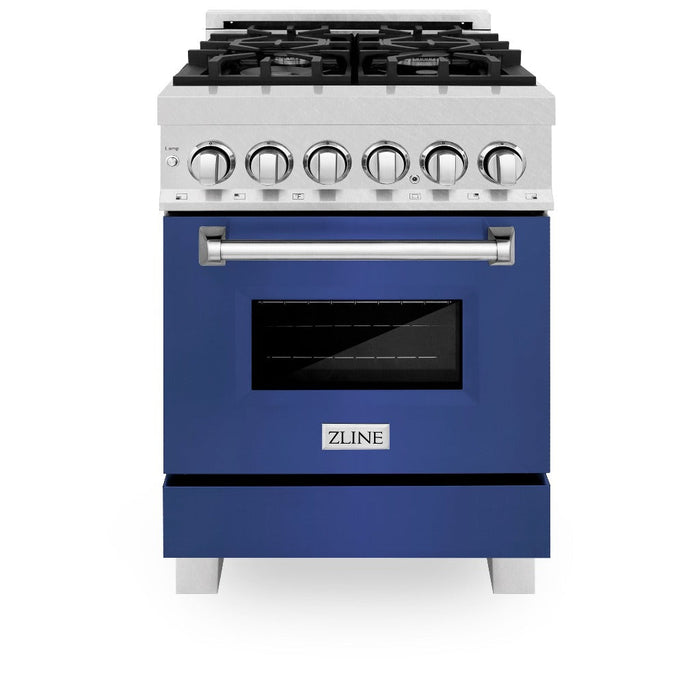 ZLINE 24 in. 2.8 cu. ft. Legacy Dual Fuel Range with 4 Burner Gas Cooktop and Electric Convection Oven in DuraSnow® Stainless Steel and Blue Matte Door (RAS-BM-24)