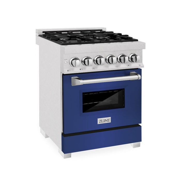 ZLINE 24 in. 2.8 cu. ft. Legacy Dual Fuel Range with 4 Burner Gas Cooktop and Electric Convection Oven in DuraSnow® Stainless Steel and Blue Matte Door (RAS-BM-24)