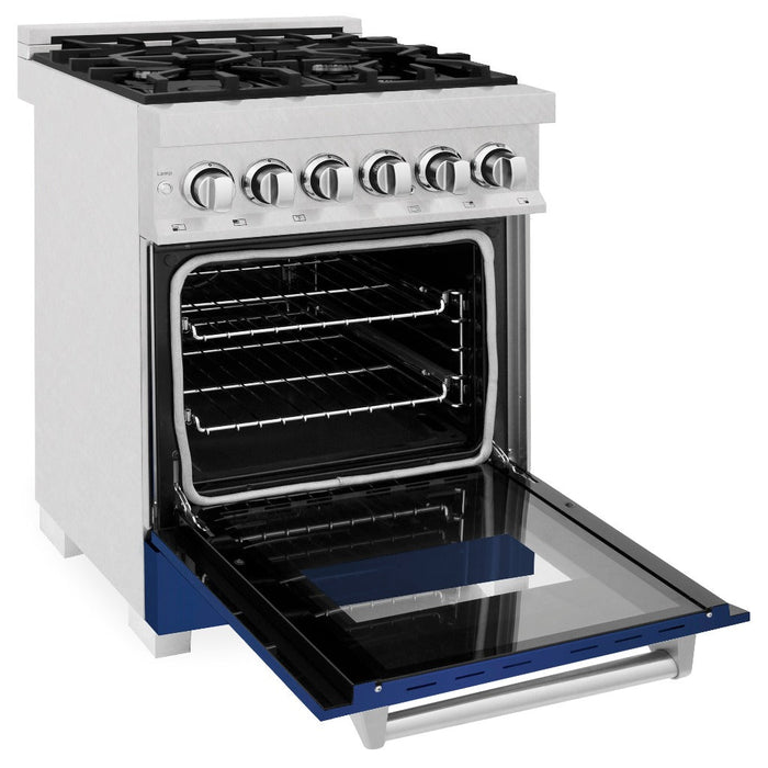 ZLINE 24 in. 2.8 cu. ft. Legacy Dual Fuel Range with 4 Burner Gas Cooktop and Electric Convection Oven in DuraSnow® Stainless Steel and Blue Matte Door (RAS-BM-24)