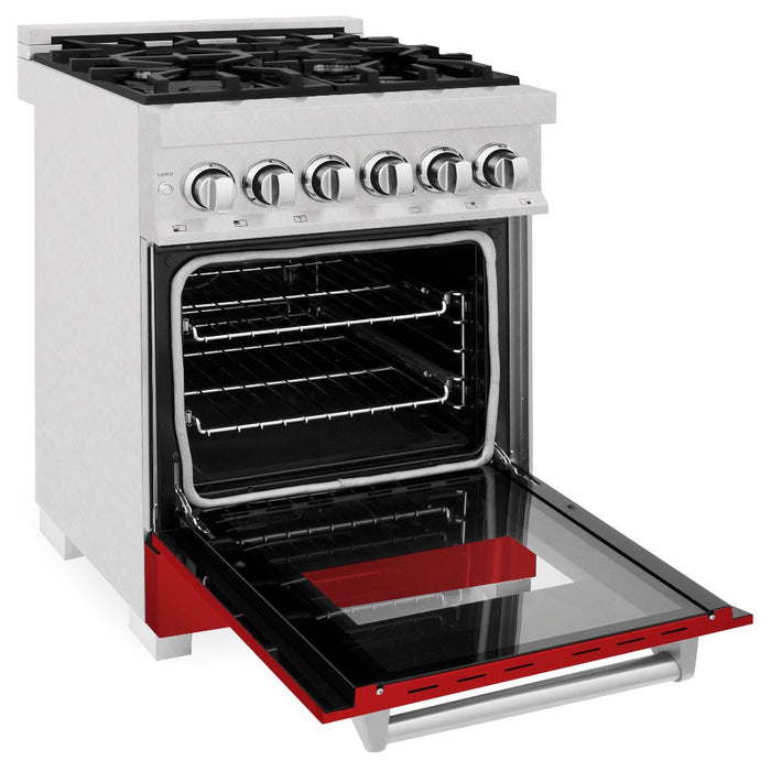 ZLINE 24 in. 2.8 cu. ft. Legacy Dual Fuel Range with 4 Burner Gas Cooktop and Electric Convection Oven in DuraSnow® Stainless Steel and Red Matte Door (RAS-RM-24)