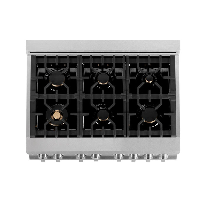 ZLINE 36 in. 4.6 cu. ft. Electric Oven and Gas Cooktop Dual Fuel Range with Griddle and Brass Burners in Fingerprint Resistant Stainless (RAS-SN-BR-GR-36)