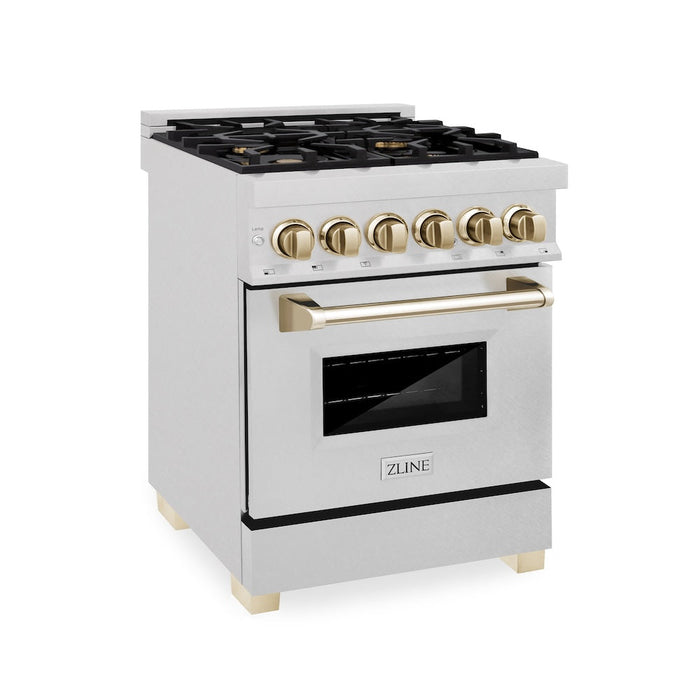 ZLINE Autograph Edition 24 in. 2.8 cu. ft. Legacy Dual Fuel Range with 4 Burner Gas Cooktop and Electric Convection Oven in DuraSnow® Stainless Steel and Polished Gold Accents (RASZ-SN-24-G)